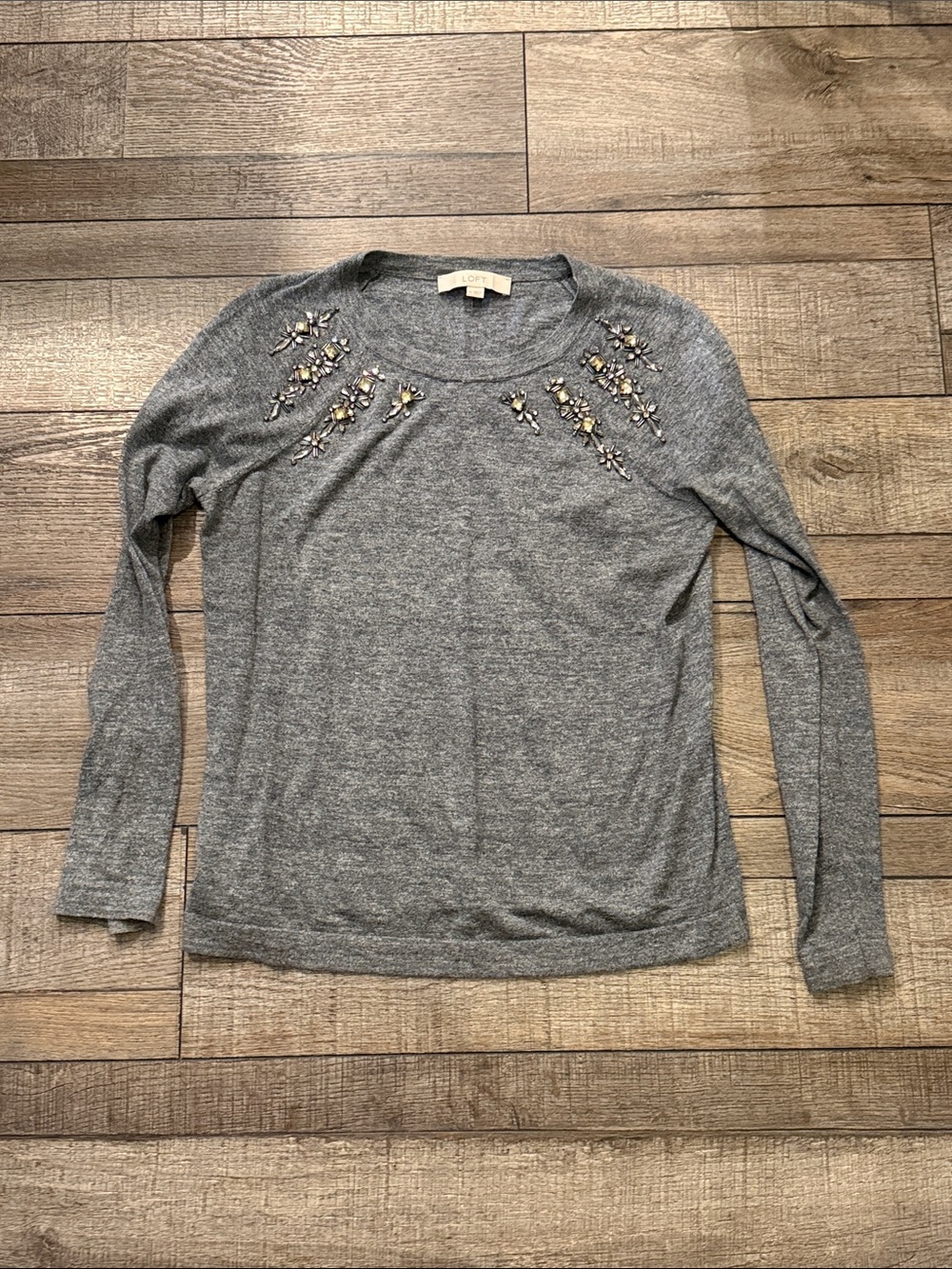 Loft Embellished Gray Long-Sleeve Knit Top